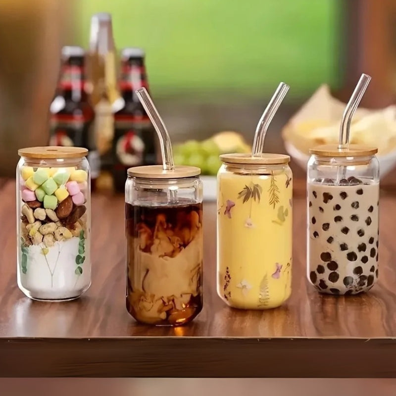 Glass Cup With Lid and Straw Set